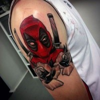 Homemade style colored shoulder tattoo of Deadpool with roses