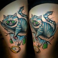 Homemade style colored thigh tattoo of Alice from wonderland cat and clock