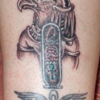 Homemade style painted colored ancient Egypt God tattoo combined with mystical symbols