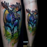 Homemade watercolor like colored leg tattoo of big elk