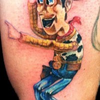 Homemade watercolor painted and colored Toy story cartoon cowboy hero tattoo on half sleeve