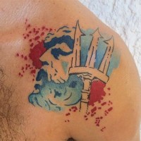 Homemade watercolor Poseidon with trident on shoulder area