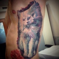 Horrible smoking white cat with two faces realistic colored side tattoo