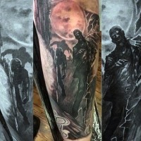Horrifying black and white forearm tattoo of various monsters and big moon
