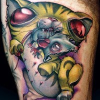Horrifying designed big evil monster cat tattoo on thigh with bloody mouse
