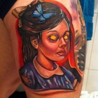 Horrifying style designed colorful thigh tattoo of evil monster girl with butterfly