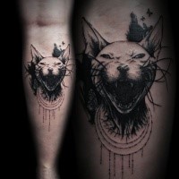 Horror like dot style leg tattoo of evil Egypt cat