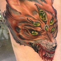 Horror like mystical evil monster fox tattoo on thigh