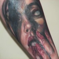 Horror movie like bloody vampire woman tattoo on arm
