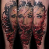 Horror movie like colored creepy bloody vampire woman tattoo on leg