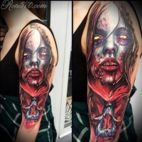 Horror movie like colored very detailed bloody monster woman tattoo on shoulder with skull