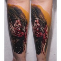 Horror movie style colored very detailed forearm tattoo of bloody woman portrait