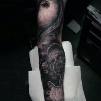 Horror movie themed black and white sleeve tattoo of various zombie monsters and flies