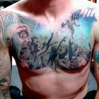 Horror movie themed colored various monsters tattoo on chest