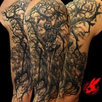 Horror style 3D detailed shoulder tattoo of creepy lonely tree with skeleton