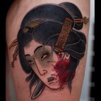 Horror style Asian Geisha colored bloody face with dagger inside tattoo