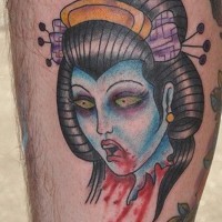Horror style Asian Geisha's severed bloody head colored old style tattoo
