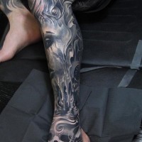 orrore stilizzato nero e bianco mostro fantasma tatuaggio pieno di gamba
