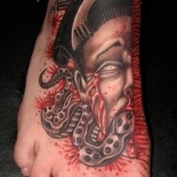 Horror style colored bloody geisha head with snake