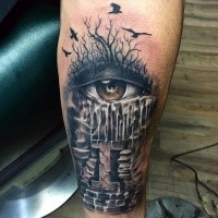 Horror style colored forearm tattoo of eye with flying birds