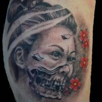 Horror style colored geisha portrait tattoo with flowers