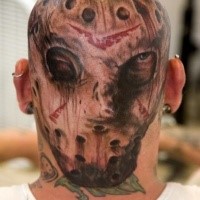 Horror style colored head tattoo of creepy Jason portrait