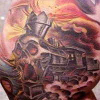 Horror style colored large arm tattoo of demonic train with skull and flames