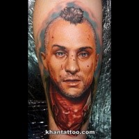 Horror style colored leg tattoo fo bloody man portrait