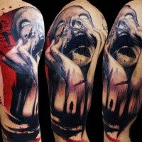 Horror style colored shoulder tattoo of creepy monster with human in dark forest