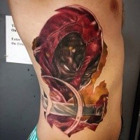 Horror style colored side tattoo of evil bloody Deadpool with sword