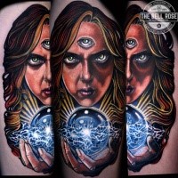 Horror style colored tattoo of mystical woman with tree eyes and magical orb