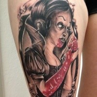 Horror style colored thigh tattoo of bloody woman with heart