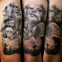 Horror style creepy looking arm tattoo of woman with mask and cemetery monsters