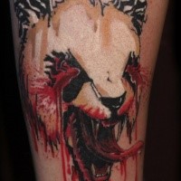 Horror style creepy looking leg tattoo of bloody panda bear head