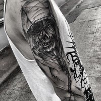 Horror style creepy looking painted by Inez Janiak sleeve tattoo of creepy demon