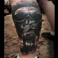 Horror style detailed by Eliot Kohek leg tattoo of human skull with old church