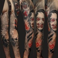 Horror style monster like creature slightly colored sleeve tattoo with lettering