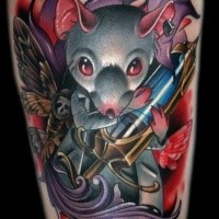 Horror style scary looking leg tattoo of mouse with needle and butterfly