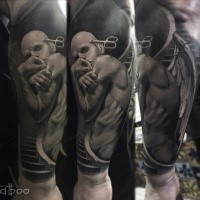 Horror style very detailed arm tattoo of angel with scissors in head
