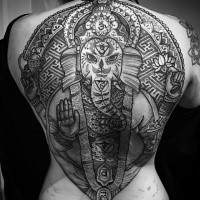 Huge super detailed Ganesha with lotus flower and special Hinduism symbols tattoo on whole back