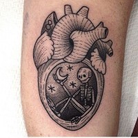 Human anatomic heart with skeleton inside handing Moon original idea black and white dotted tattoo
