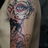 Human eye, tree elements tattoo on upper arm in Polka trash style