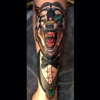 Human life colored leg tattoo of evil wolf with suit