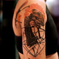 Human skull and red sun upper back tattoo in Polka trash style with geometrical elements