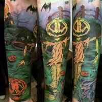 Illustraive style colored creepy monster cemetery tattoo on sleeve