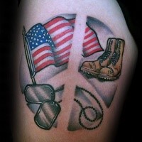 Illustrative style American native colored thigh tattoo of flag with soldier boots and dog tags