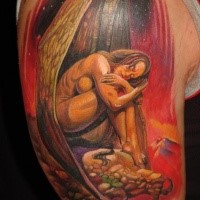 Illustrative style beautiful looking shoulder tattoo of seductive