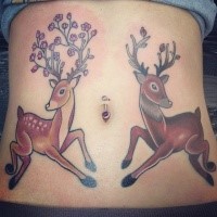 Illustrative style belly tattoo of deer