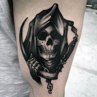 Illustrative style black and white arm tattoo of Grimm reaper