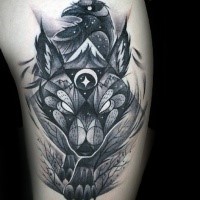 Illustrative style black and white tattoo of large wolf with crow